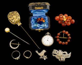 Amber brooches and earrings, silver brooches, silver fob watch, paste horseshoe brooch and other items