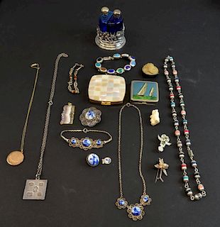 Collection of costume jewellery including a gold plated locket, Mexican silver necklace, hard stone silver bracelet silver in
