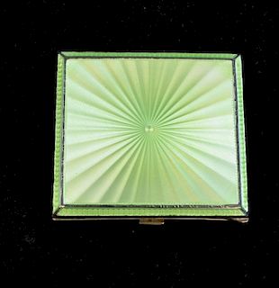 George V silver and green enamel cigarette case in a brown leather Harrods pouch, hallmarked for Birmingham 1911.