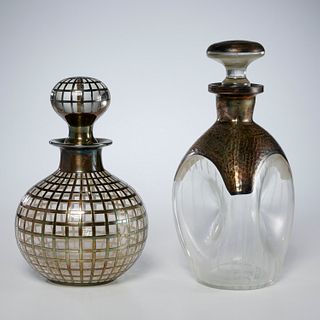 (2) Bauhaus style silver overlay glass decanters