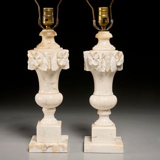 Pair Italian Art Deco carved marble table lamps