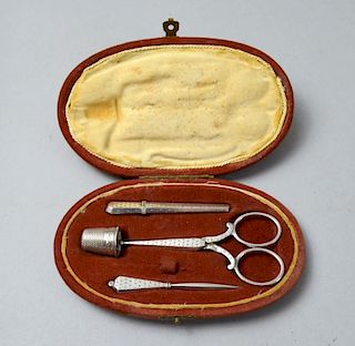 Sewing interest, Dutch silver etui, with scissors, thimble, needle case and bayonet, cased