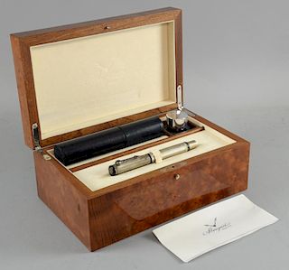 Breguet silver and sapphire fountain pen set in original bird's eye maple box; with leather travel case, ink and original boo