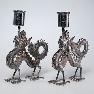 Pair Chinese silver plate dragon candlesticks