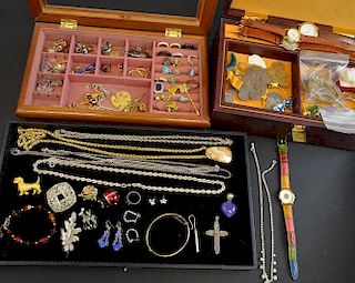 Large collection of costume jewellery, silver and watches, in two jewellery boxes