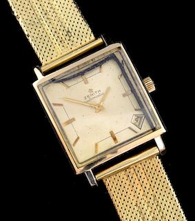 Gentleman's Zenith automatic watch ,9 ct gold, rectangular dial with gold hour markers and date aperture at 5, on an 18 ct go