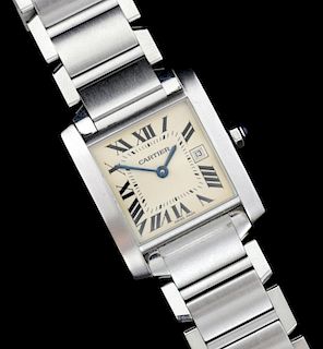 Cartier stainless steel Tank Francaise bracelet watch, Circa 2003, reference 2465, silver dial with Roman numerals & inner mi