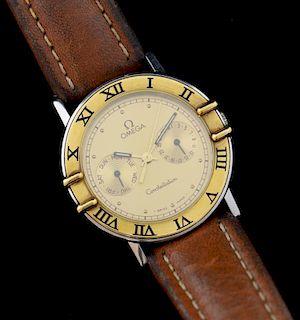 Omega Constellation 18ct gold and steel watch, gold colour dial with outer minute track and raised gold hour markers, two sub