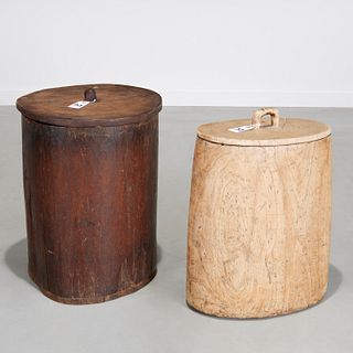 (2) Large Asian covered wooden rice containers