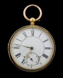 Open faced 18ct gold pocket watch, white enamel dial with subsidiary dial at 6. Case hallmarked S & R, 18ct Chester 1872 with