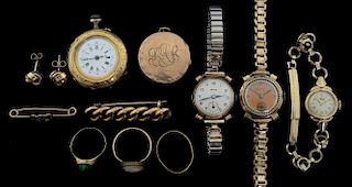 Victorian lady's gold fob watch, 18 ct, three gold watches on plated straps,