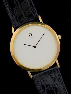 Omega DeVille watch, silver dial with omega gold plated case with steel back on a black leather strap. Quartz movement