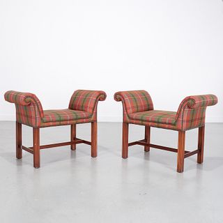 Pair Chippendale style plaid hall benches