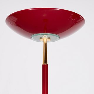 Modernist brass & red enamel torchiere lamp