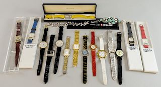 Collection of Tissot Dual timer watches, gentleman's 9ct gold certina watch, silver bracelet, pearl necklace and other watche
