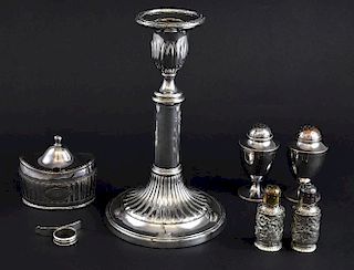 Collection of silver-plate including telescopic candlestick, pair of Tiffany & Co. silver-soldered pepperettes etc.
