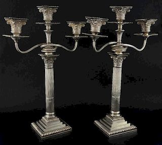 Pair of Victorian silver Corinthian column three light candelabra, by Hawksworth, Eyre & Co. Ltd., Sheffield, 1898, 43.5cm hi