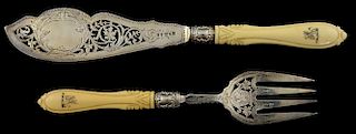 Set of Victorian silver and ivory handled fish servers with pierced scrolling and bright cut decoration, by Martin, Hall & Co