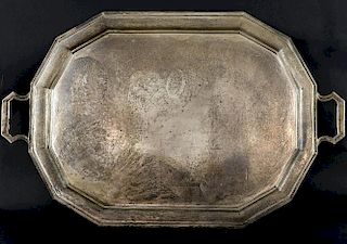 George VI silver tea tray by Goldsmiths & Silversmiths Co. Ltd., Sheffield, 1943, 123.5oz, 3840g,