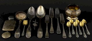 George IV Irish silver fiddle pattern tablespoon, maker's mark 'JW', Dublin, 1829, other flatware, sugar bowl, and other item