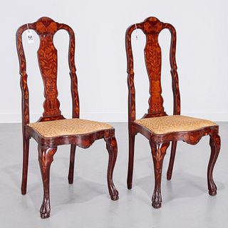 Pair Dutch Rococo marquetry side chairs