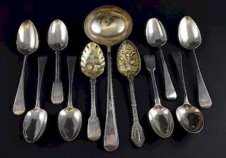 George III silver ladle, London 1806 , and ten George III and Victorian serving spoons various dates and marks, 28ozs