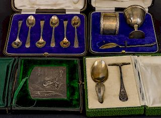 Pair of Victorian silver salts with embossed floral decoration, maker's mark rubbed, London, 1859, sauce ladle, punch ladle, 