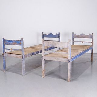 Pair antique Provincial blue painted daybeds