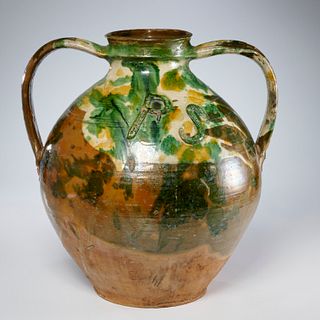 Large Continental glazed terra cotta jar, 1898