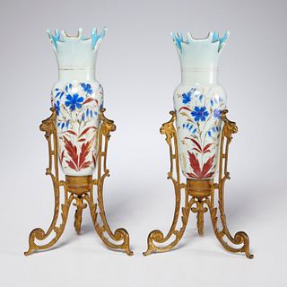 Pair Victorian bronze, enameled glass vases