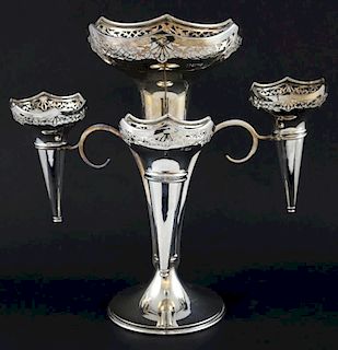 George V silver three branched epergne, with pierced decoration on round base, by Cooper Brothers & Sons Ltd., Sheffield, 191