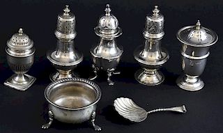 Pair of pepperettes, Chester, 1934, three other pepperettes, a mustard and a shell bowl caddy spoon, 8oz, 248g total weighabl
