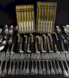 William IV and later matched canteen of silver fiddle pattern cutlery, comprising fourteen dinner forks, two tablespoons, two