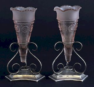Pair of Victorian silver epergnes with central moulded pink glass flutes, London, 1897,