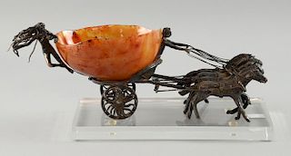 European silver and agate carriage, the driver a naked woman with long flowing hair, being pulled by four horses, stamped 925
