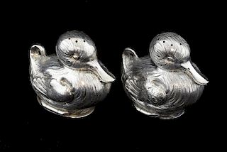 Pair of novelty German silver salt and pepper cruets in the form of ducks, '800' standard,
