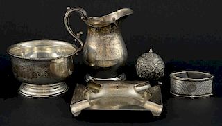 Birks Sterling silver cream jug and sugar bowl, English silver ashtray, napkin ring and Indian white metal pepperette, 9.7oz,