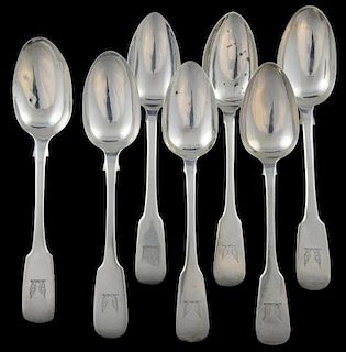 Seven George IV and later Irish silver fiddle pattern dessert spoons, various dates and marks, 10.5oz, 326g,
