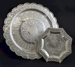 Persian white metal dish with bands of foliate decoration, 32.5cm diameter, and an Indian white metal dish with embossed deco