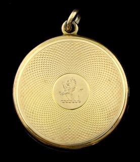 Gold locket inset with portrait of a lady, the case stamped 15ct, Engraved with Powell crest, 2.5 cmsAs with all  items from 