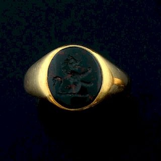 19th century gold signet ring inset with bloodstone intaglio with Powell crestAs with all  items from the Powell family archi