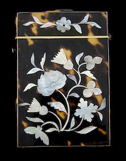 Tortoiseshell and mother of pearl card case decorated with rose, shamrock and thistle, 10 x 7cm