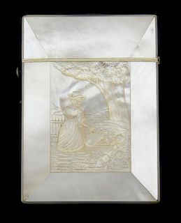 Mother of pearl card case carved with a woman watering her garden, 9.5 x 6.5 cm