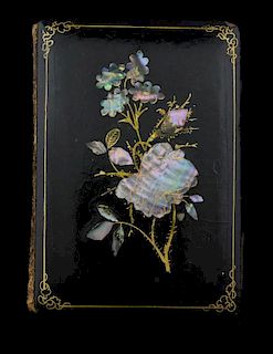 Papier Mch , gilt and mother of pearl note case, 10 x 7cm