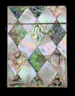 Mother of pearl and abalone shell card case, 11 x 7.5 cm