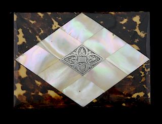 Blonde tortoiseshell, mother of pearl, abalone shell and silver card case. 10.5 x 7.5 cm