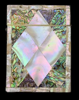 Mother of pearl and abalone shell card case, 10.5 x 7.5 cm