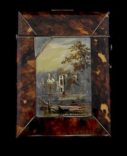 Blonde tortoiseshell card case decorated with a vignette of Guys Cliff Warwick the reverse with Virginia Water, 10 x 7.5 cm