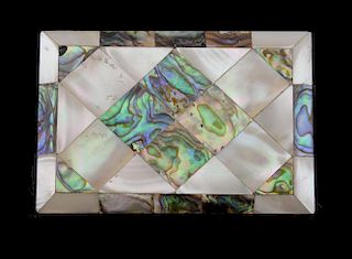 Mother of pearl and abalone shell card case, 9.5 cm x 6.5 cm