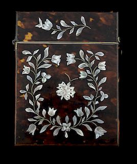 Tortoiseshell and mother of pearl inlaid card case, 10 x 8 cm